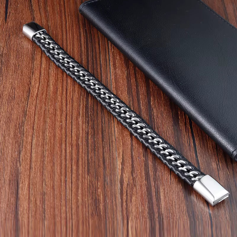 JIAYUPENG Men's Fusion Bracelet | Black Leather & Stainless Steel Chain | Magnet Clasp | Trendy Jewellery