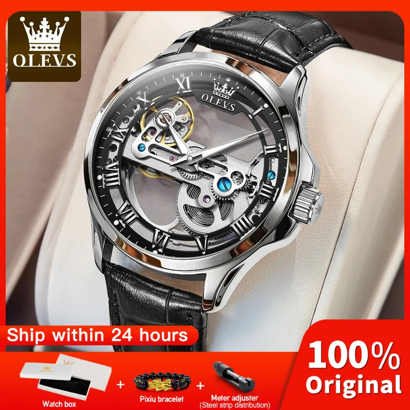 OLEVS 6661 Luxury Skeleton Mechanical Watch – Hand-Wound | Stainless Steel Case | Luminous Display | 3ATM Waterproof | Leather Strap