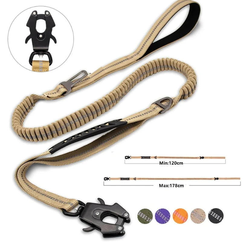Heavy Duty Tactical Bungee Dog Leash | Zero Shock, Frog Clip & Car Seat Belt Buckle | Reflective Large Dog Lead