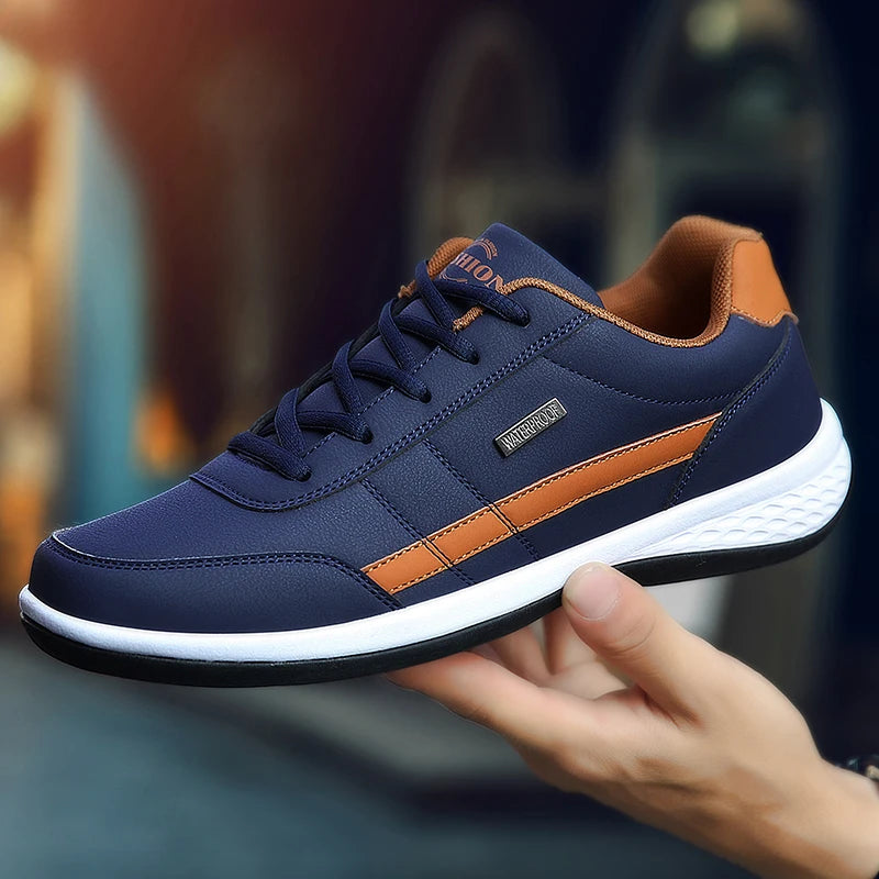 PUAMSS Men's Casual Sneaker | Waterproof PU Upper | Navy & Brown Classic Style | Flat Heel
