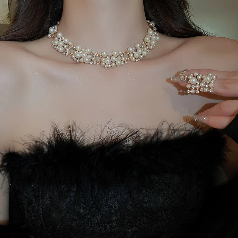 DREJEW Women's Cluster Pearl & Rhinestone Jewellery Set | Gold Tone Wedding Choker Necklace & Stud Earrings