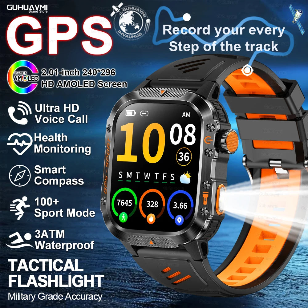 Smartwatch with GPS | GUHUAVMI HT36 Military Style | 2.01” HD AMOLED Screen | Water resistant up to 10 ATM | 540 mAh battery