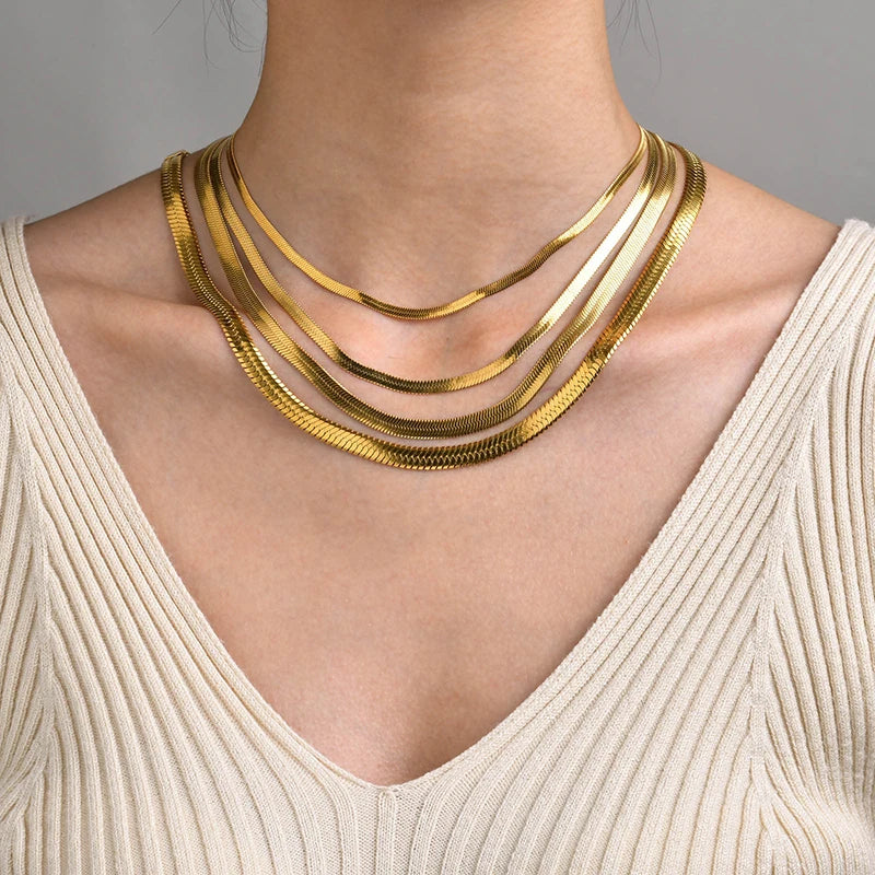 LOVBEAFAS Waterproof Snake Chain Necklace | Stainless Steel Herringbone Link | Gold & Silver Trend | 2mm-5mm Width