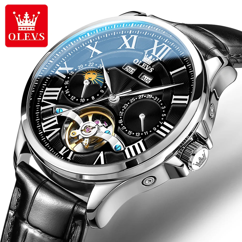 OLEVS 7013 Automatic Mechanical Watch – Moon Phase | Skeleton Dial | Roman Numerals | 3 ATM Water Resistant | Genuine Leather Strap