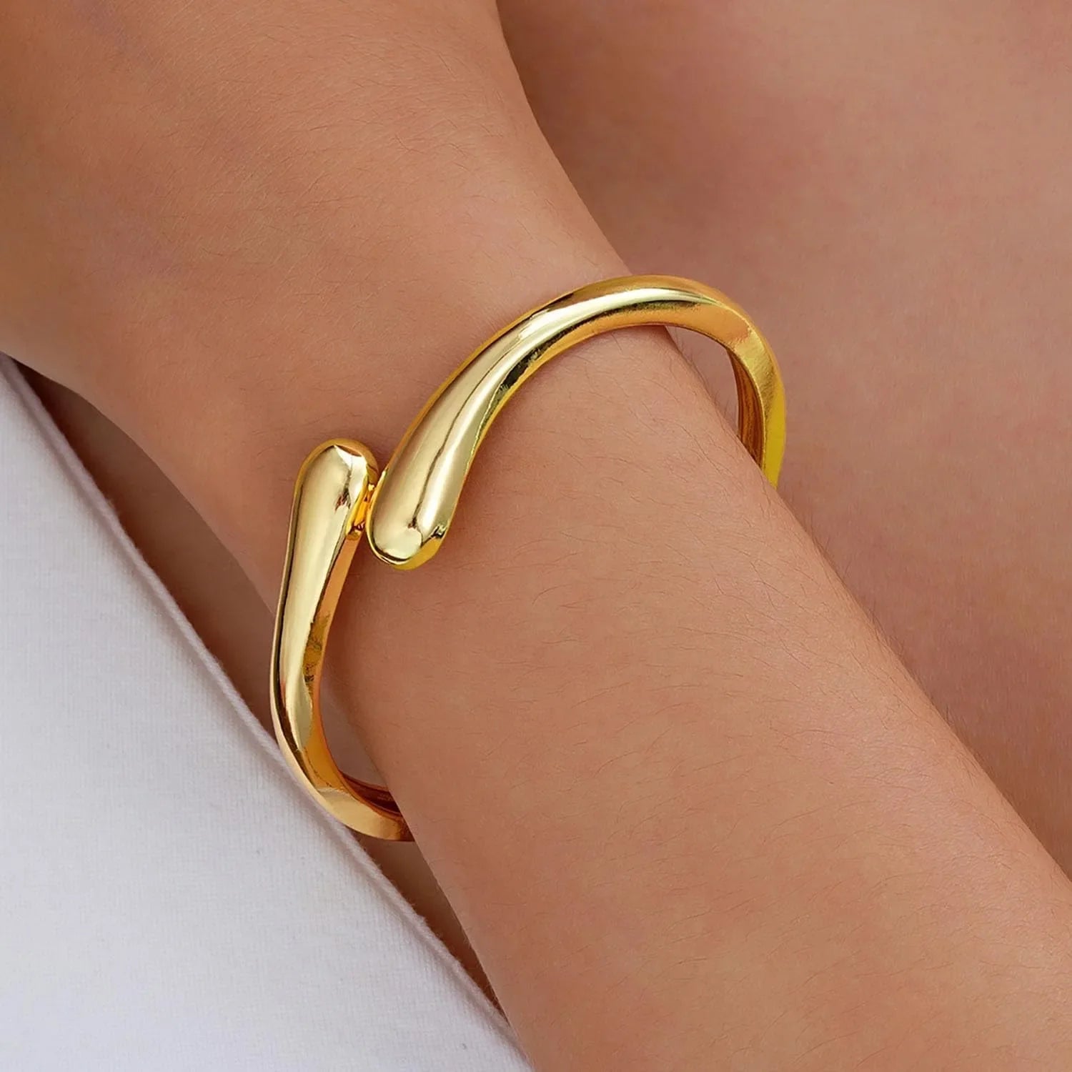Women's Gold Plated Cuff Bangle | Sculptural Teardrop Open Bracelet | Minimalist Fluid Statement Jewellery