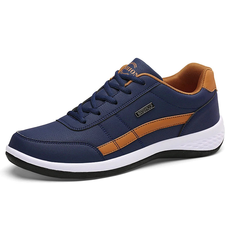 PUAMSS Men's Casual Sneaker | Waterproof PU Upper | Navy & Brown Classic Style | Flat Heel