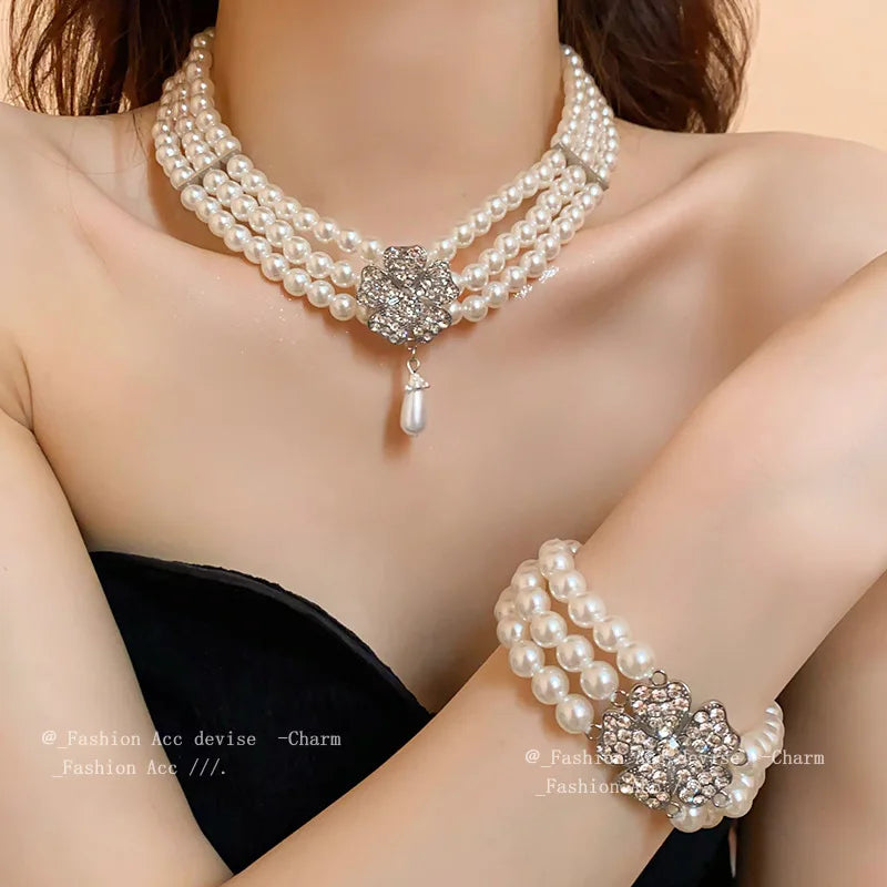 DREJEW Multi-Layer Pearl & Rhinestone Jewellery Set | Classic Flower Cluster Necklace & Earrings | Wedding Statement