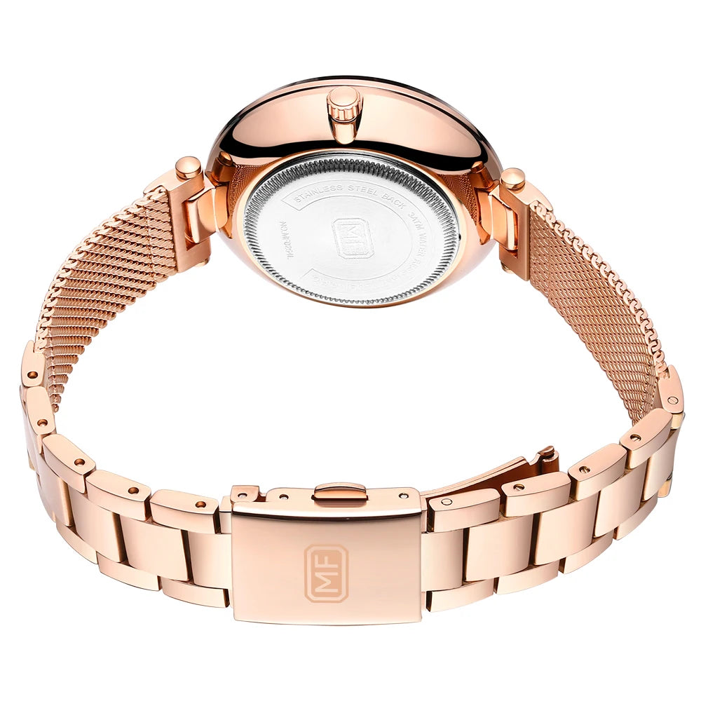 MINI FOCUS MF0254L Women's Quartz Watch | Floating Rhinestone Dial | Rose Gold Mesh Band | Luxury Style