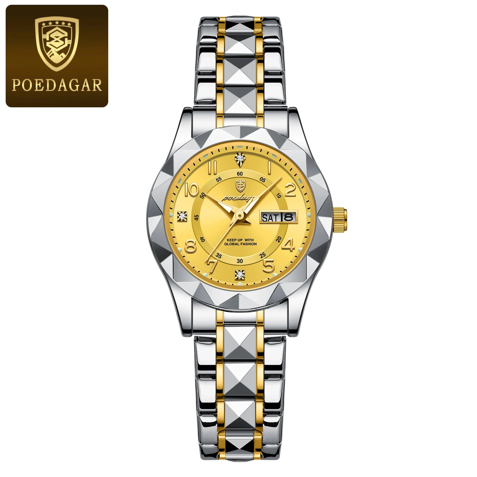 POEDAGAR 782 Women's Quartz Watch | Diamond-Cut Bezel | Two-Tone Stainless Steel | Day/Date Display