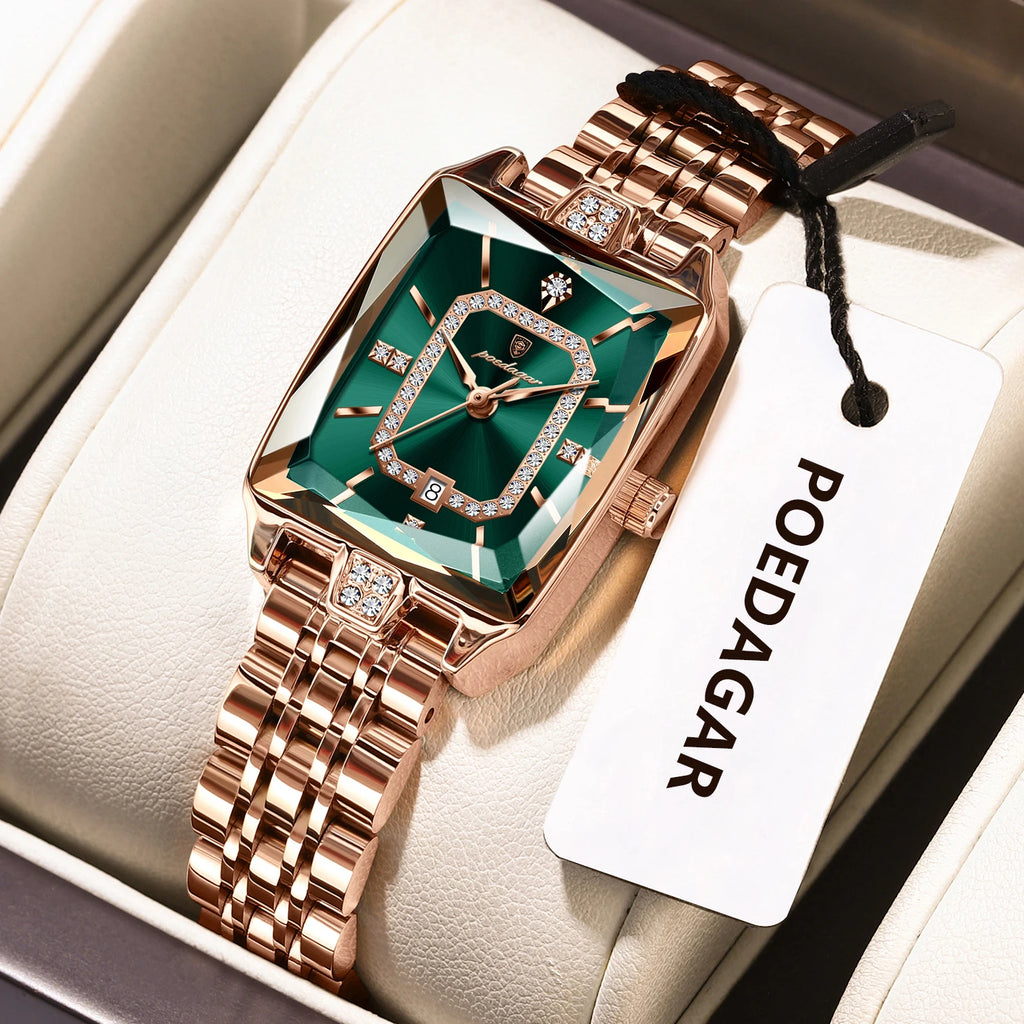 POEDAGAR Emerald Royale – Women’s Luxury Stainless Steel Quartz Waterproof Calendar Watch
