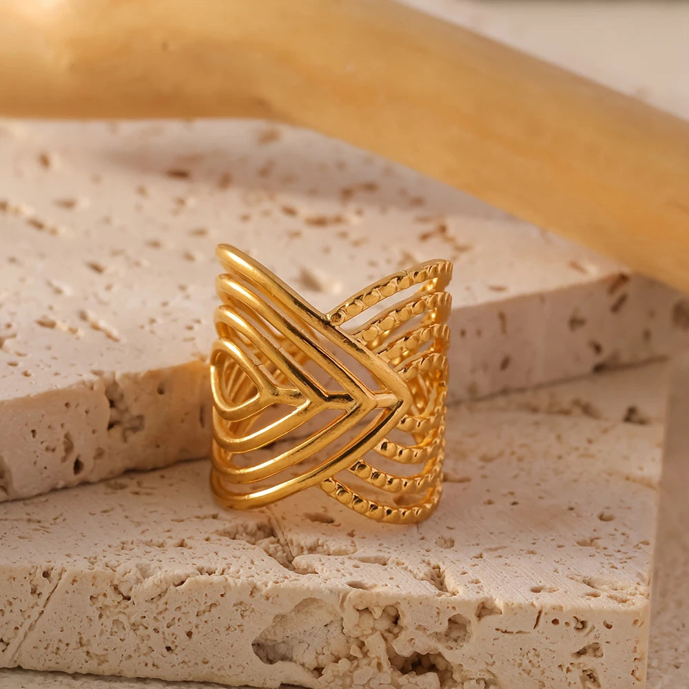 DGIDDK Women's 18K Gold Plated Statement Ring | Stainless Steel V-Shape Geometric Jewellery | Adjustable Wide Band