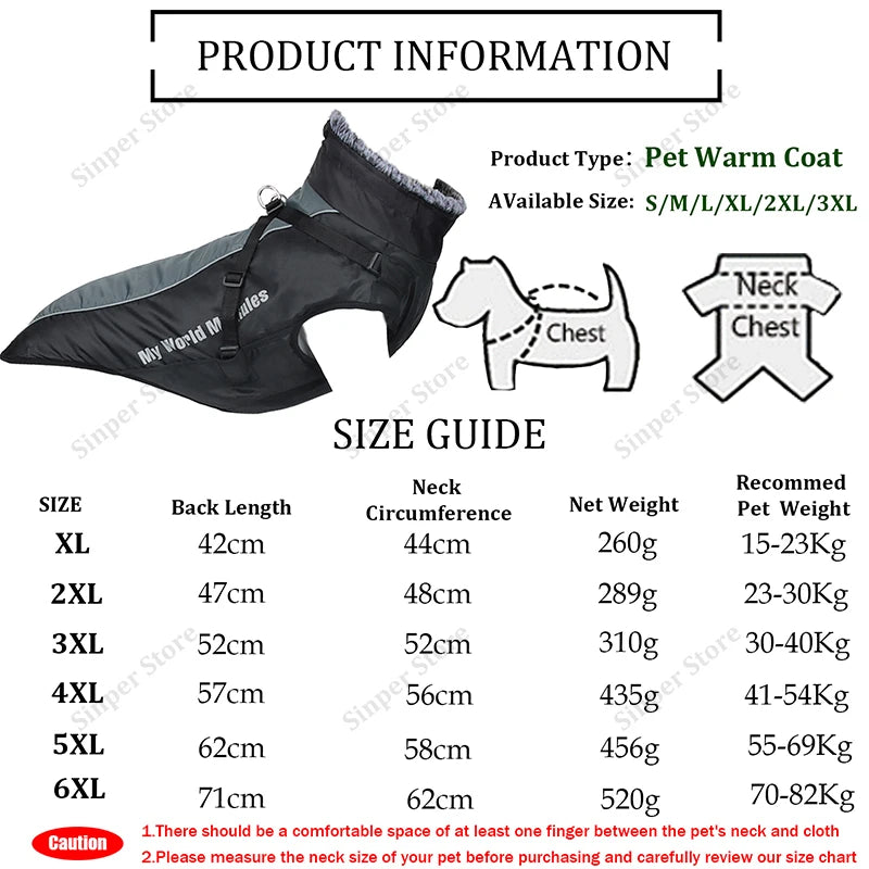 Waterproof Dog Winter Coat | Windproof, Reflective & Warm High Neck Jacket | Detachable Leash Attachment