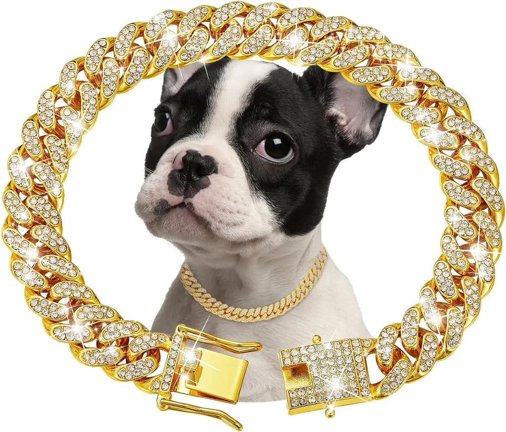 Iced-Out Cuban Link Dog Collar | Heavy Duty Zirconia Diamond & Stainless Steel Chain | Luxury Collar for Large Dogs