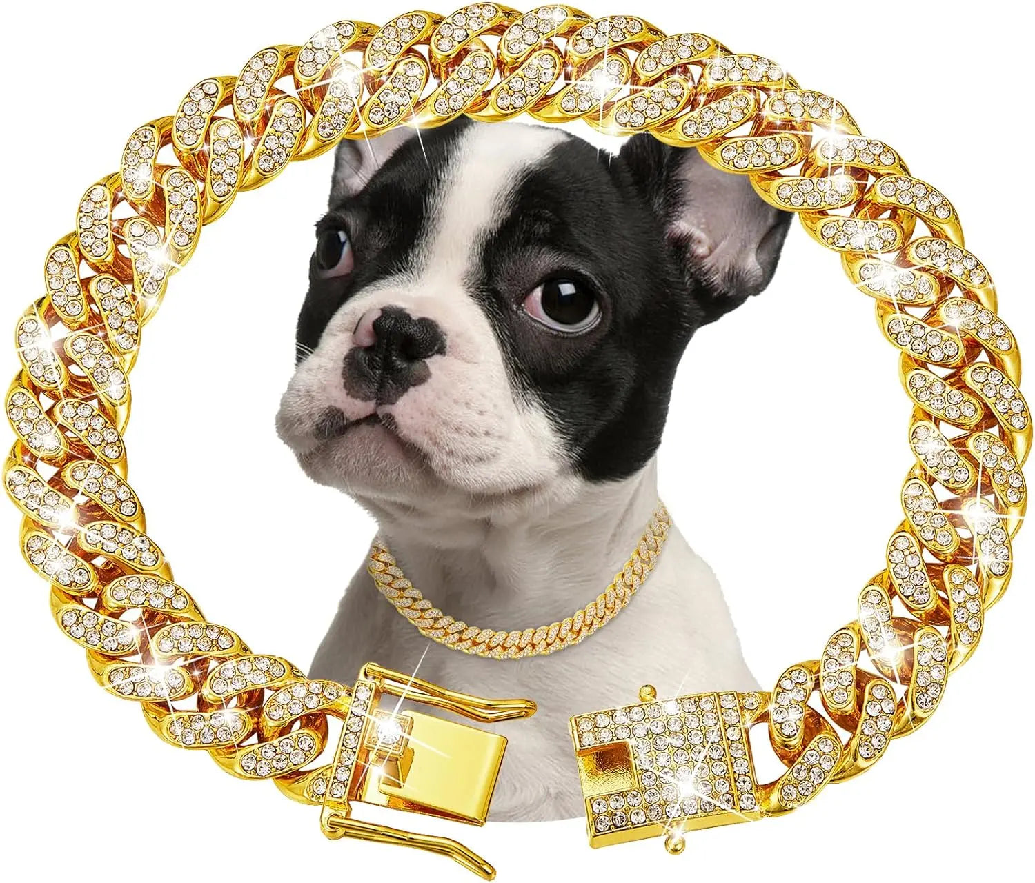 Iced-Out Cuban Link Dog Collar | Heavy Duty Zirconia Diamond & Stainless Steel Chain | Luxury Collar for Large Dogs