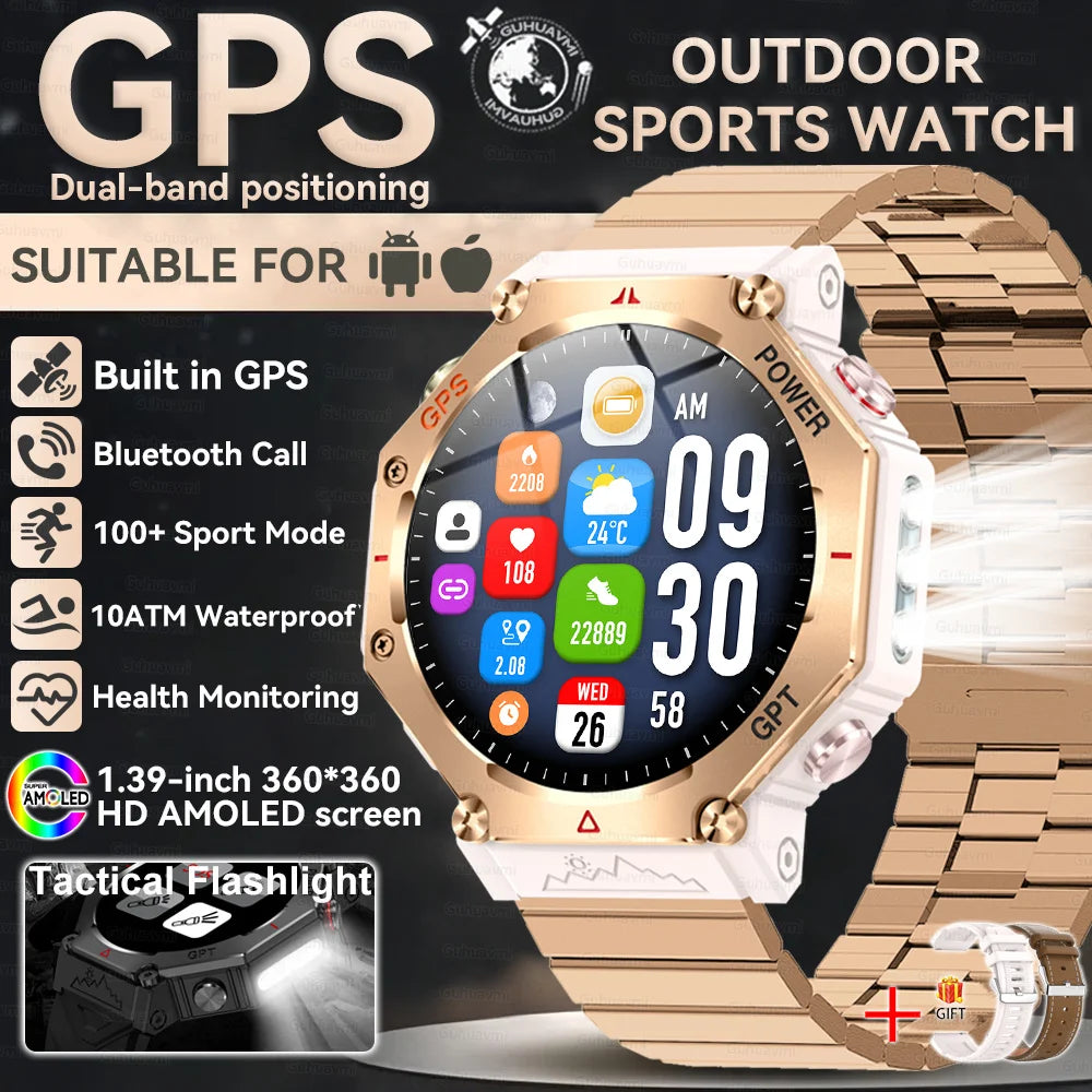 GUHUAVMI Tactical Smartwatch | 10ATM IP69K Waterproof | Dual GPS Tracking | 30-Day Standby | Compass & Flashlight