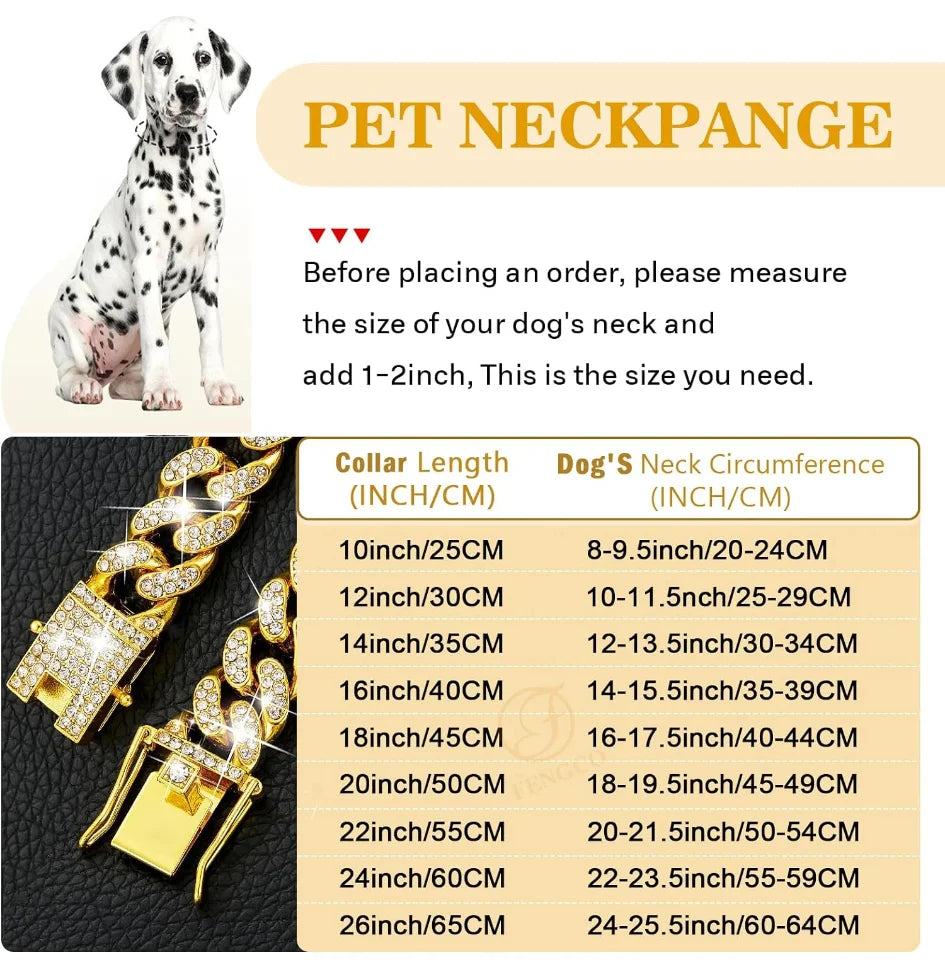 Iced-Out Cuban Link Dog Collar | Heavy Duty Zirconia Diamond & Stainless Steel Chain | Luxury Collar for Large Dogs