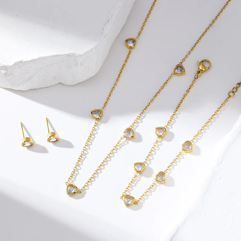 GANEMLY Women's Heart Solitaire Jewellery Set | 316 Stainless Steel Necklace, Bracelet & Studs | Anti-Tarnish