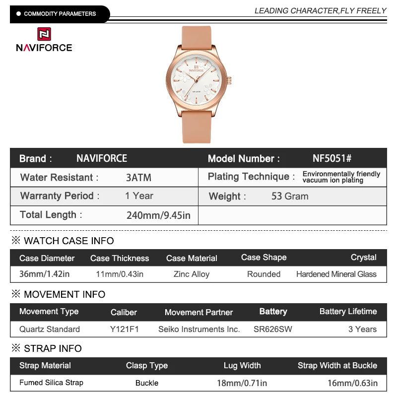 NAVIFORCE NF5051 Women's Quartz Watch | Floral Dial Design | Rose Gold Case | Silicone Strap | 3ATM