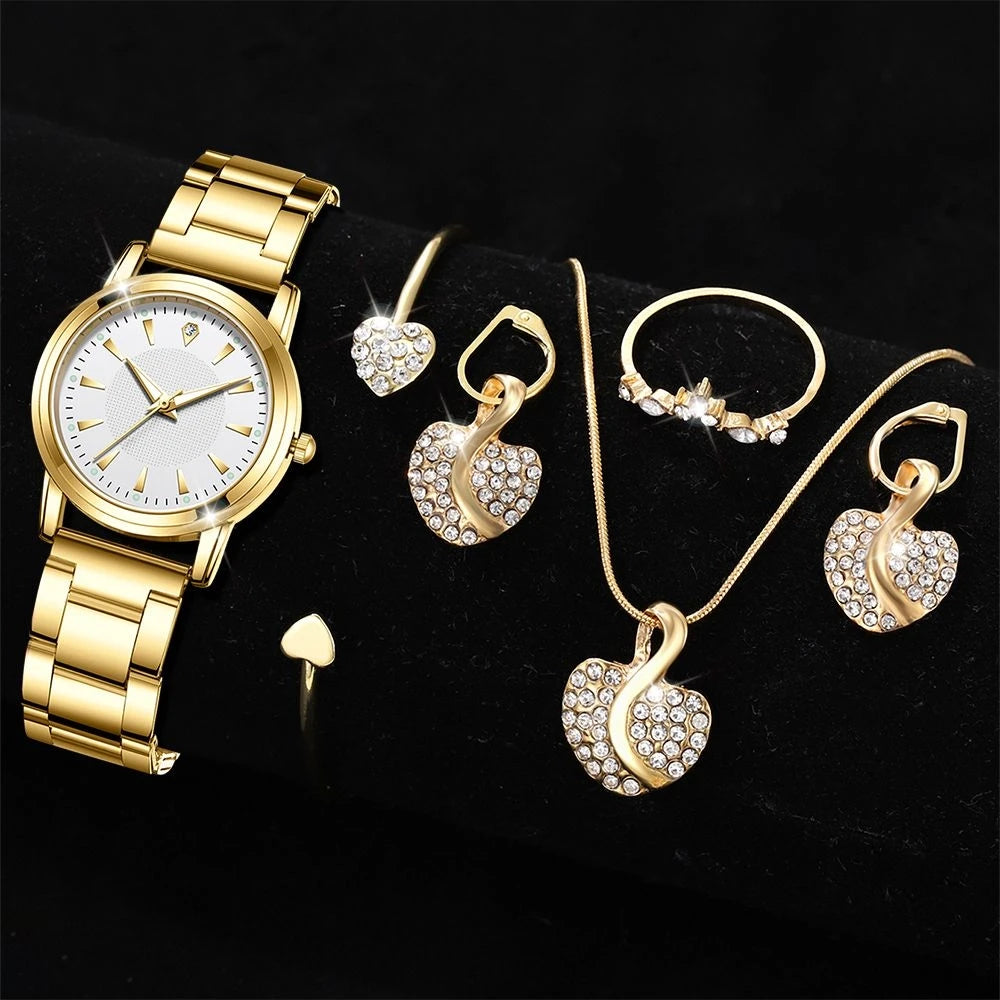 Luxury Women's Gold Quartz Watch + Necklace with Ring and Earrings