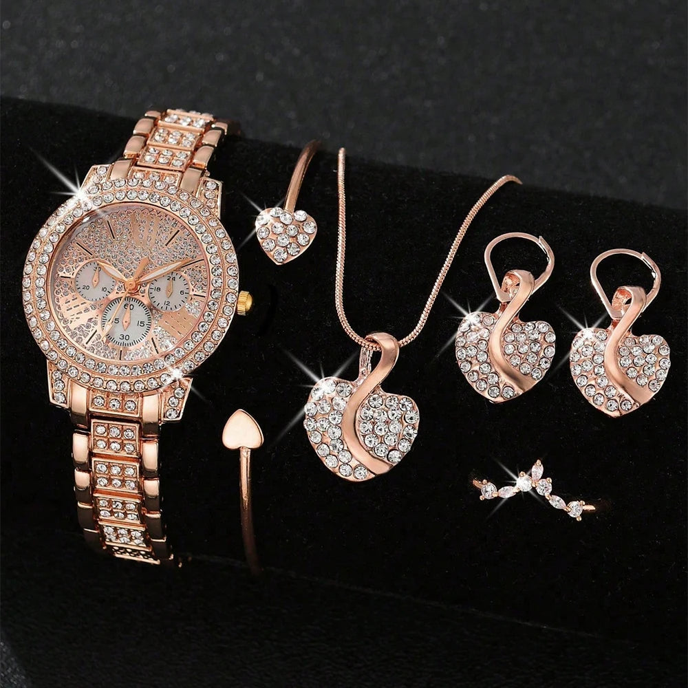 Luxury Women's Gold Quartz Watch + Necklace with Ring and Earrings