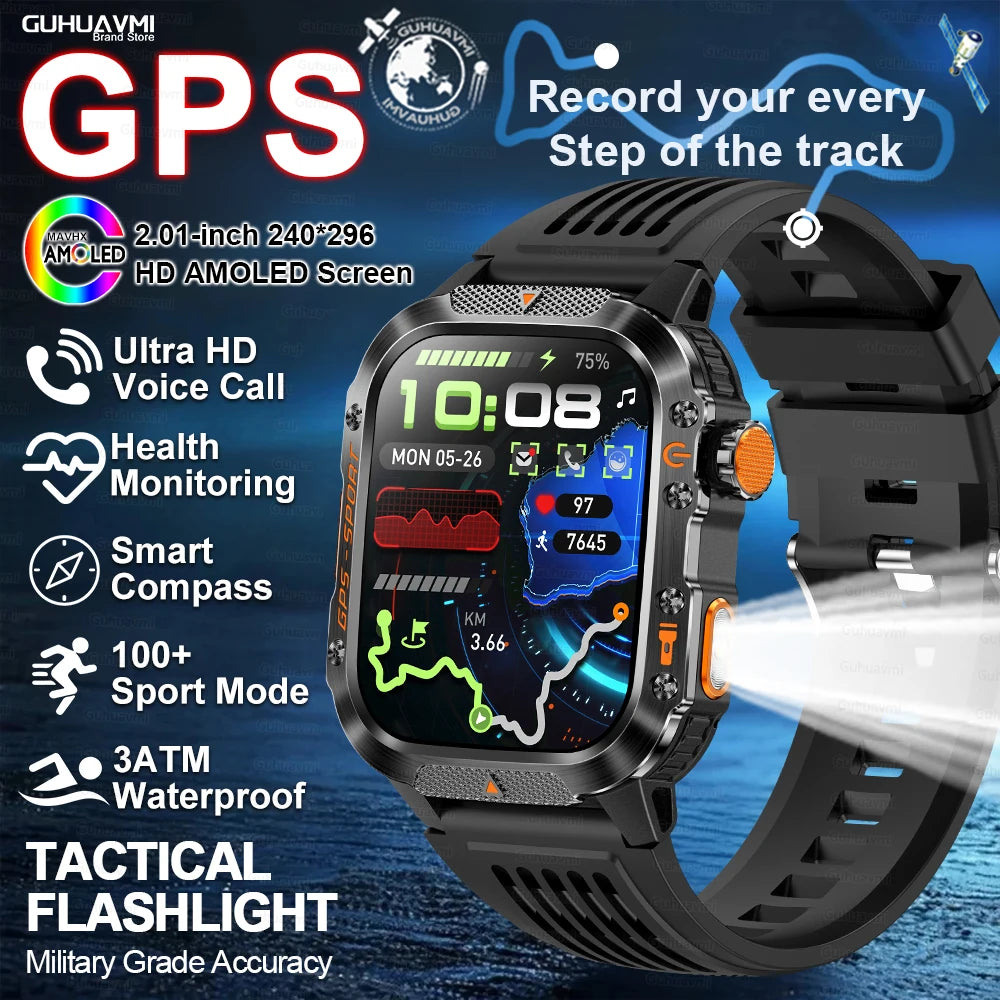 Smartwatch with GPS | GUHUAVMI HT36 Military Style | 2.01” HD AMOLED Screen | Water resistant up to 10 ATM | 540 mAh battery