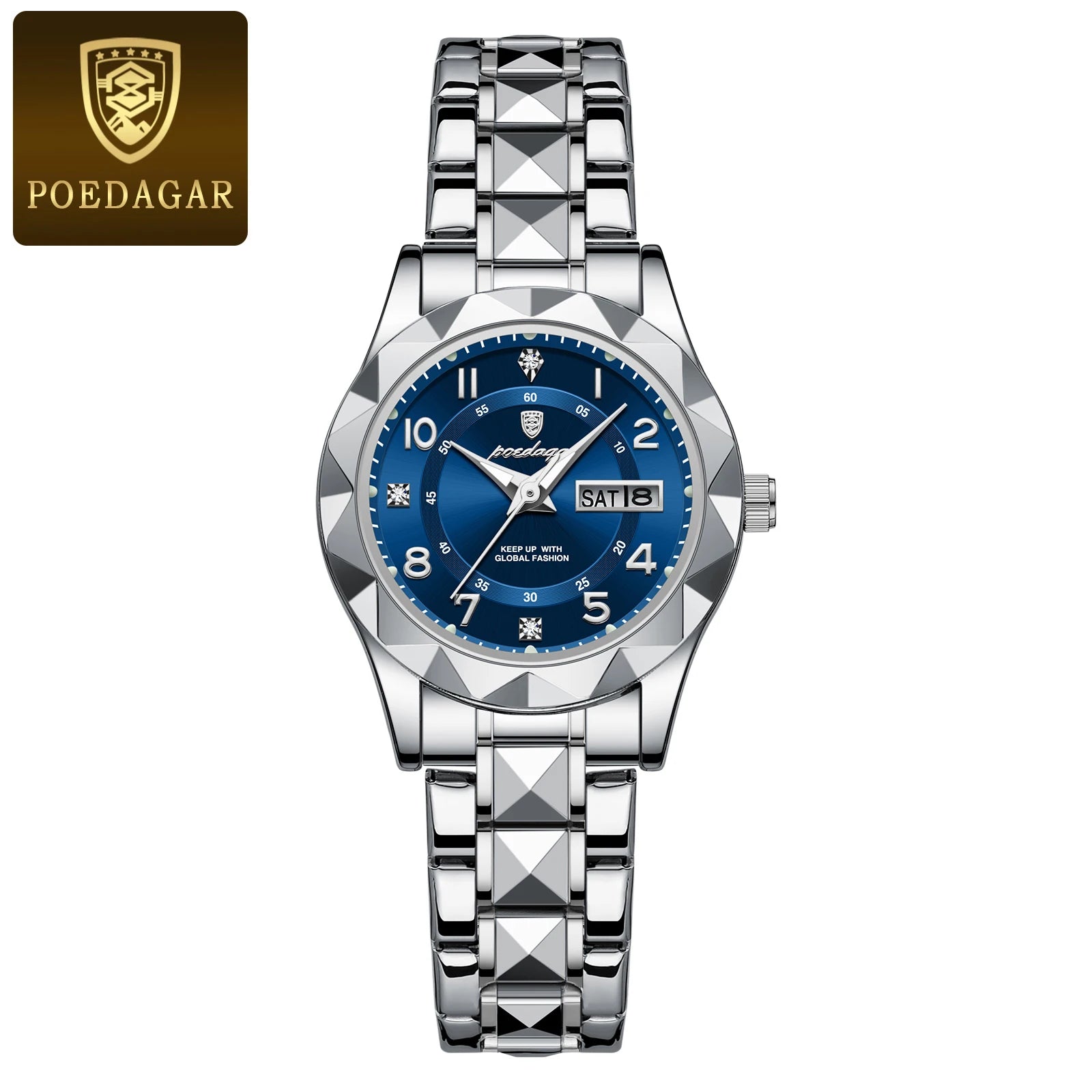 POEDAGAR 782 Women's Quartz Watch | Diamond-Cut Bezel | Two-Tone Stainless Steel | Day/Date Display