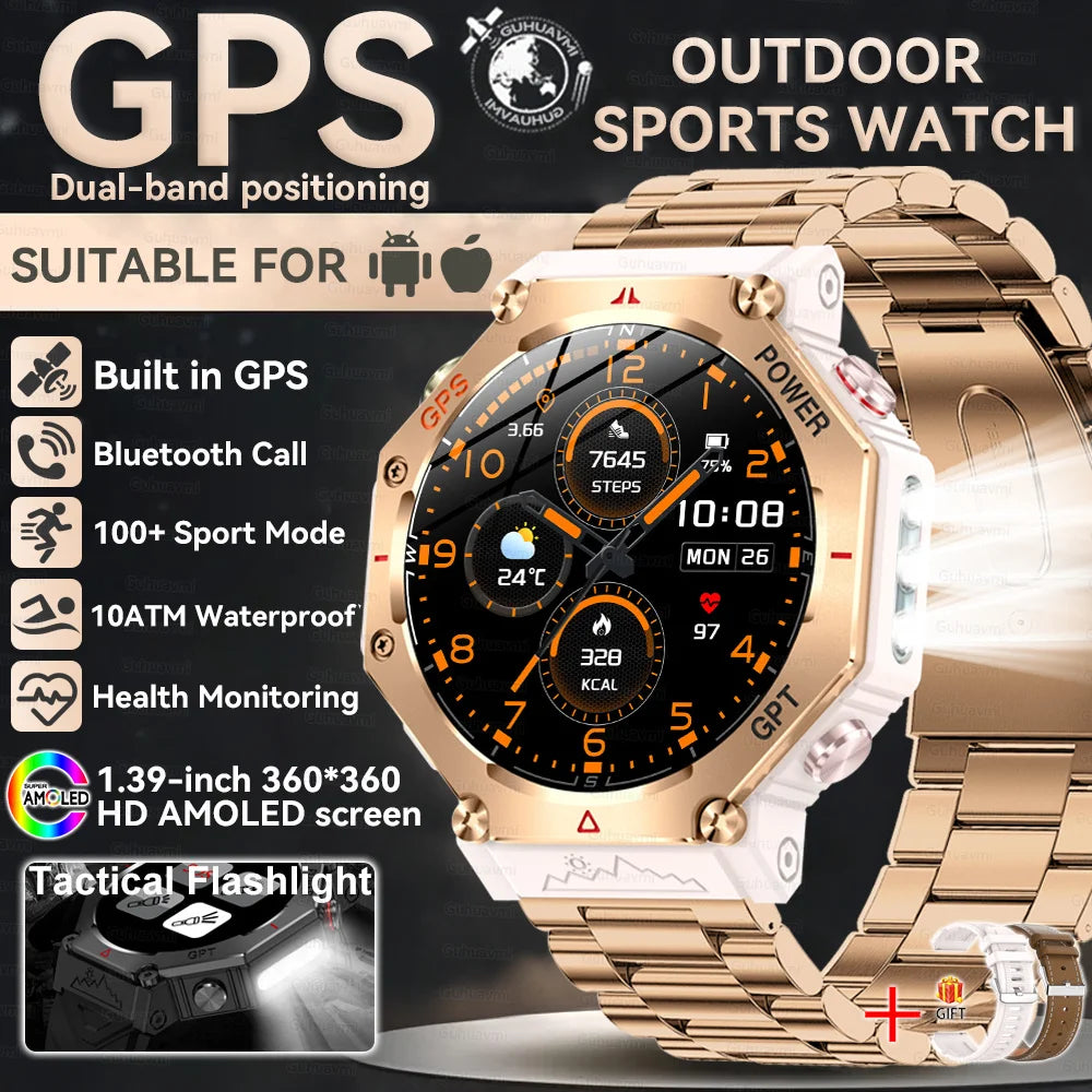 GUHUAVMI Tactical Smartwatch | 10ATM IP69K Waterproof | Dual GPS Tracking | 30-Day Standby | Compass & Flashlight