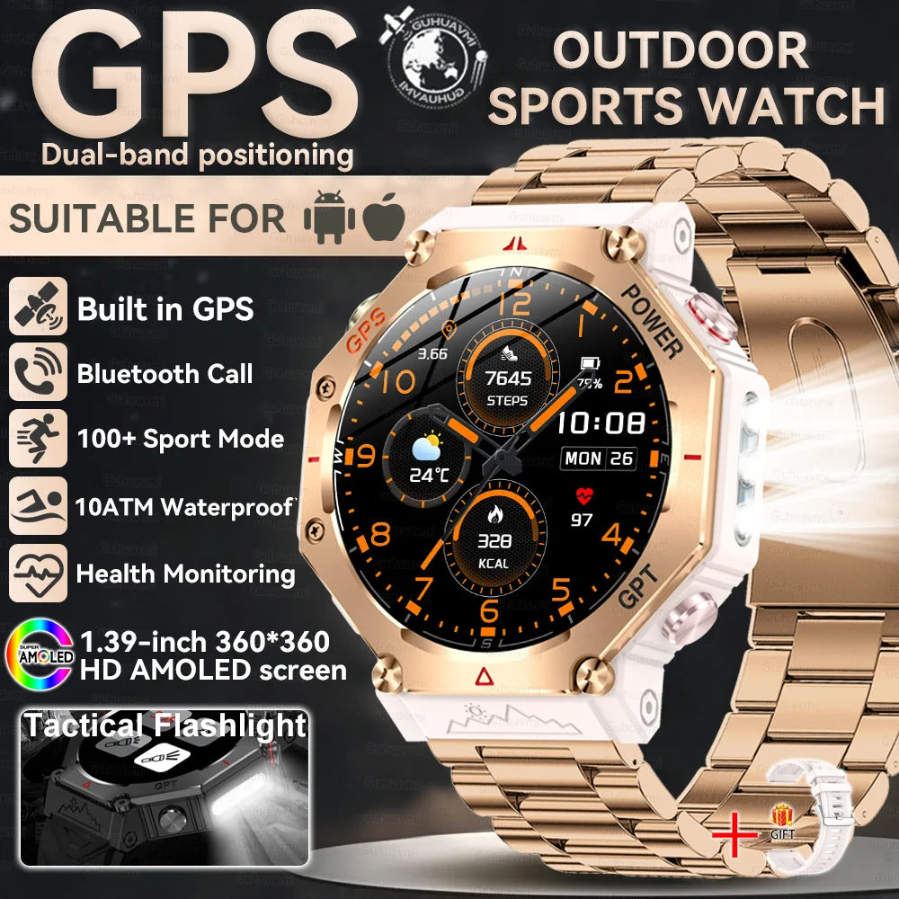GUHUAVMI Tactical Smartwatch | 10ATM IP69K Waterproof | Dual GPS Tracking | 30-Day Standby | Compass & Flashlight