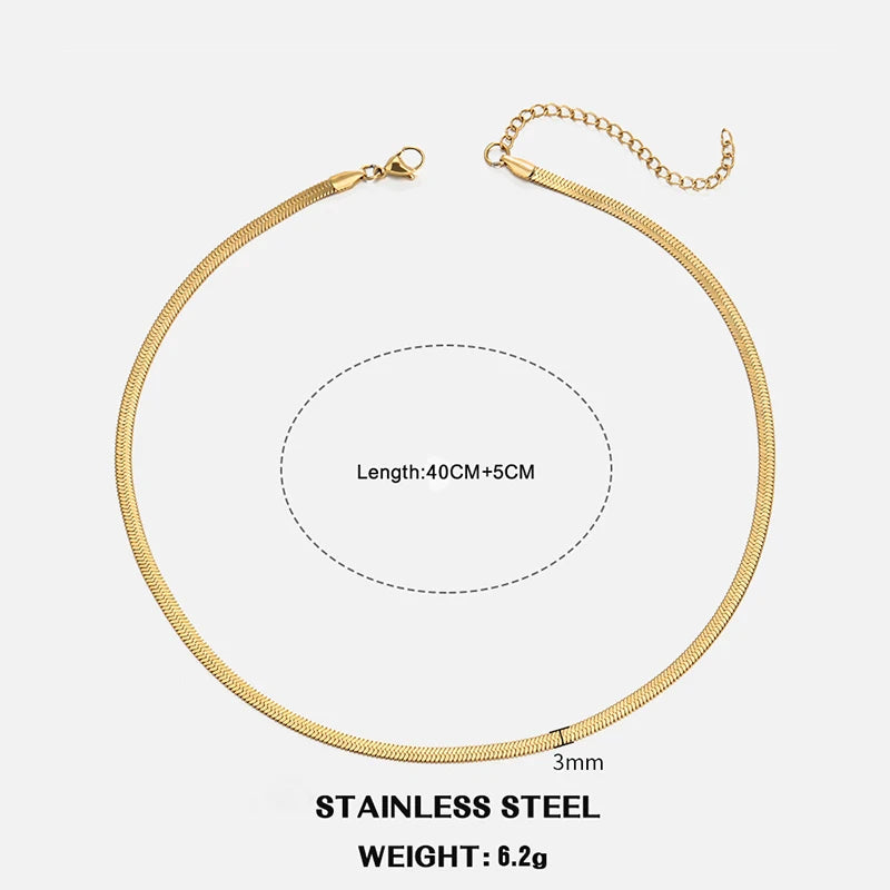 LOVBEAFAS Waterproof Snake Chain Necklace | Stainless Steel Herringbone Link | Gold & Silver Trend | 2mm-5mm Width