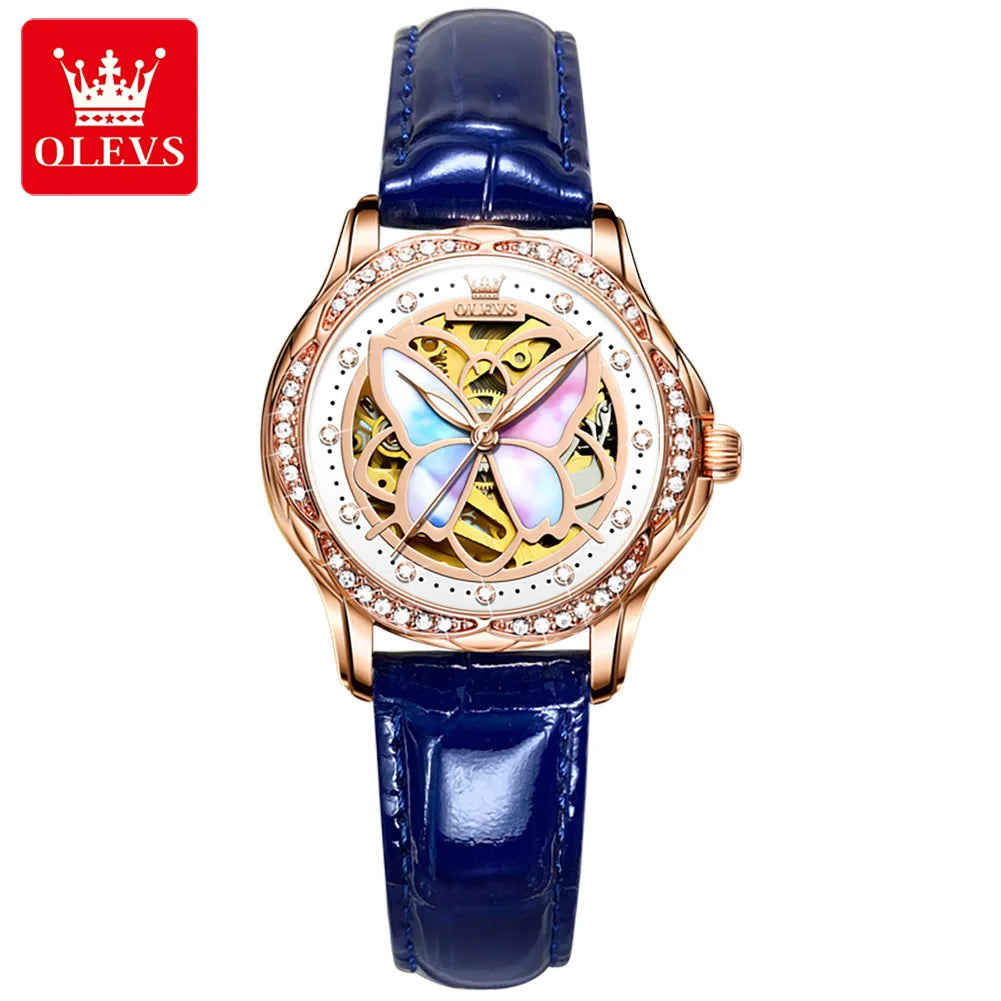 OLEVS 6615 Women's Automatic Watch | Butterfly Skeleton Dial | Rose Gold & Ceramic Bracelet | Rhinestone Bezel