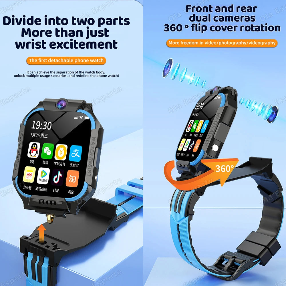 Smartwatch with SOS, GPS, 5G for kids, location tracking, SIM card calls, camera, video calls, and waterproof.