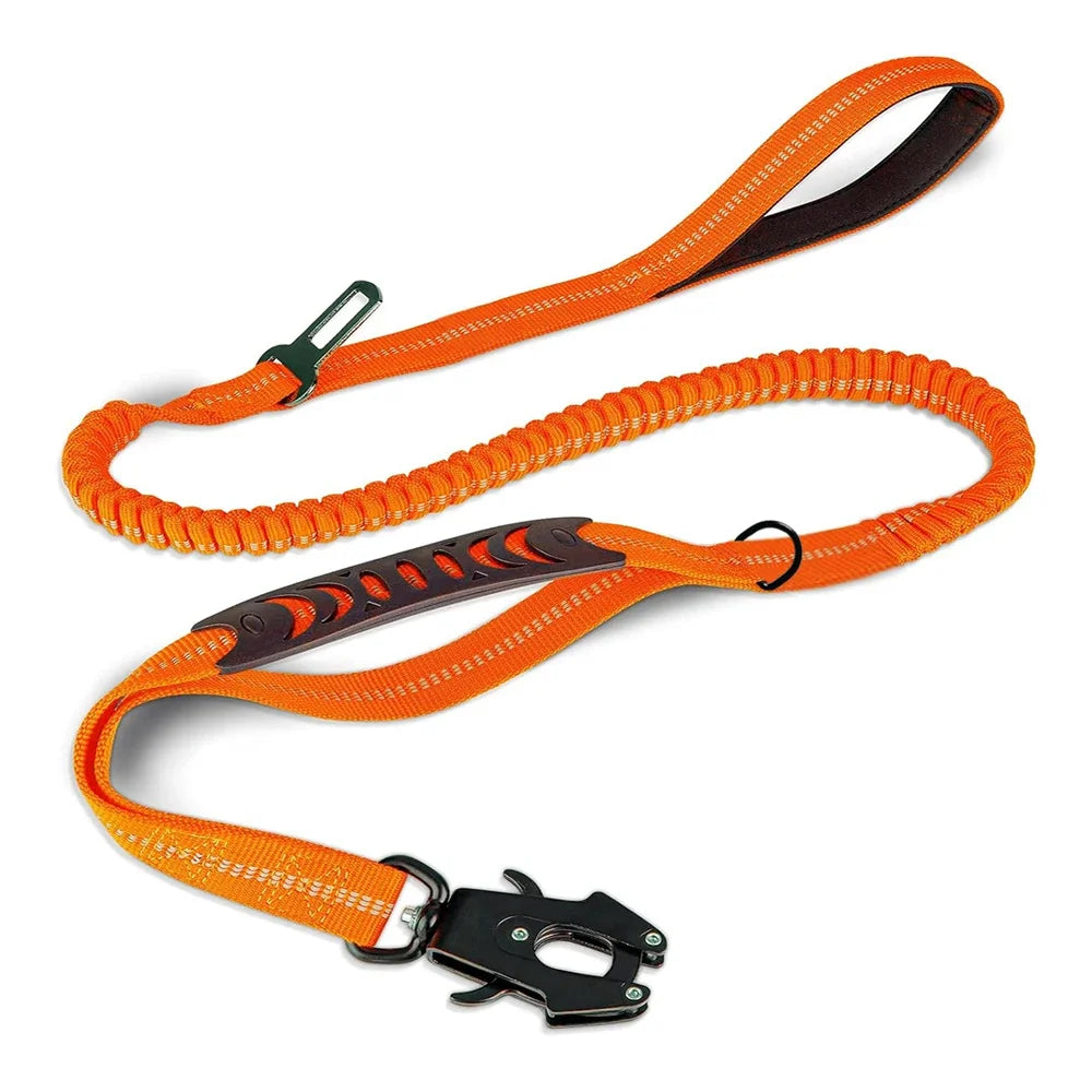 Heavy Duty Tactical Bungee Dog Leash | Zero Shock, Frog Clip & Car Seat Belt Buckle | Reflective Large Dog Lead
