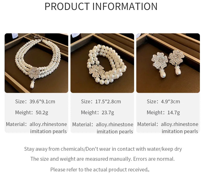 DREJEW Multi-Layer Pearl & Rhinestone Jewellery Set | Classic Flower Cluster Necklace & Earrings | Wedding Statement