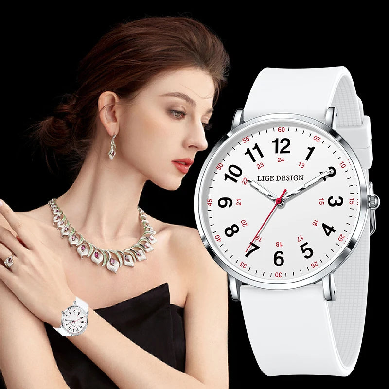 LIGE Luxury Women's Watch, Elegant and Modern, Silicone Strap, Luminous Dial, Waterproof, Quartz Movement.
