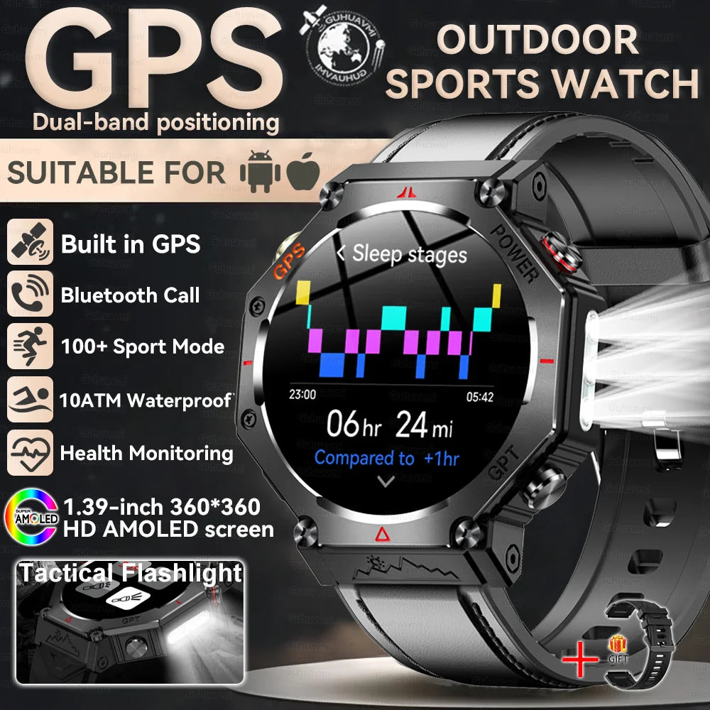 GUHUAVMI Tactical Smartwatch | 10ATM IP69K Waterproof | Dual GPS Tracking | 30-Day Standby | Compass & Flashlight
