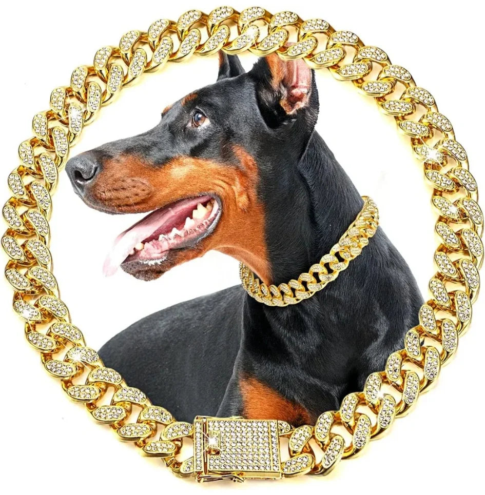 Iced-Out Cuban Link Dog Collar | Heavy Duty Zirconia Diamond & Stainless Steel Chain | Luxury Collar for Large Dogs