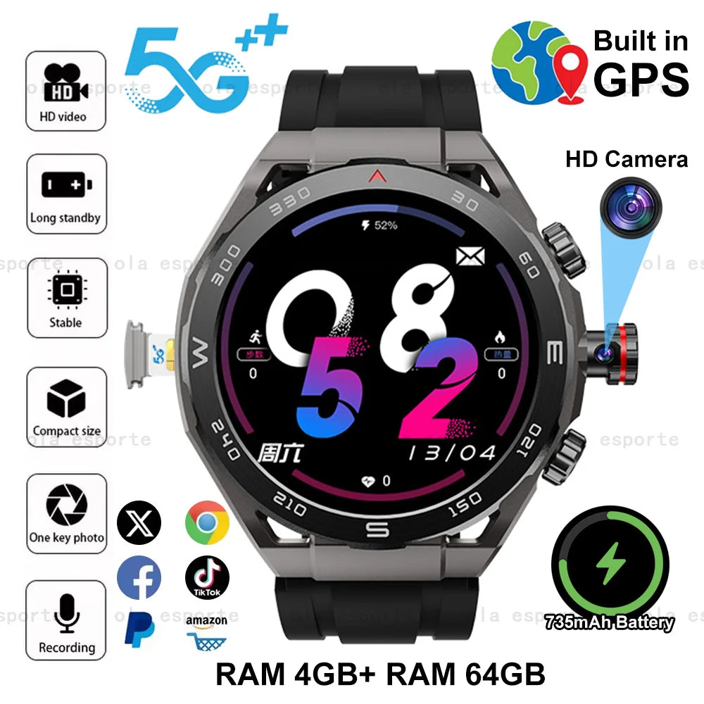 2025 Unisex GPS Smartwatch, 4GB of RAM + 64GB of Storage, 750mAh Battery, 5G Calls, Camera, and IP68 Water Resistance.