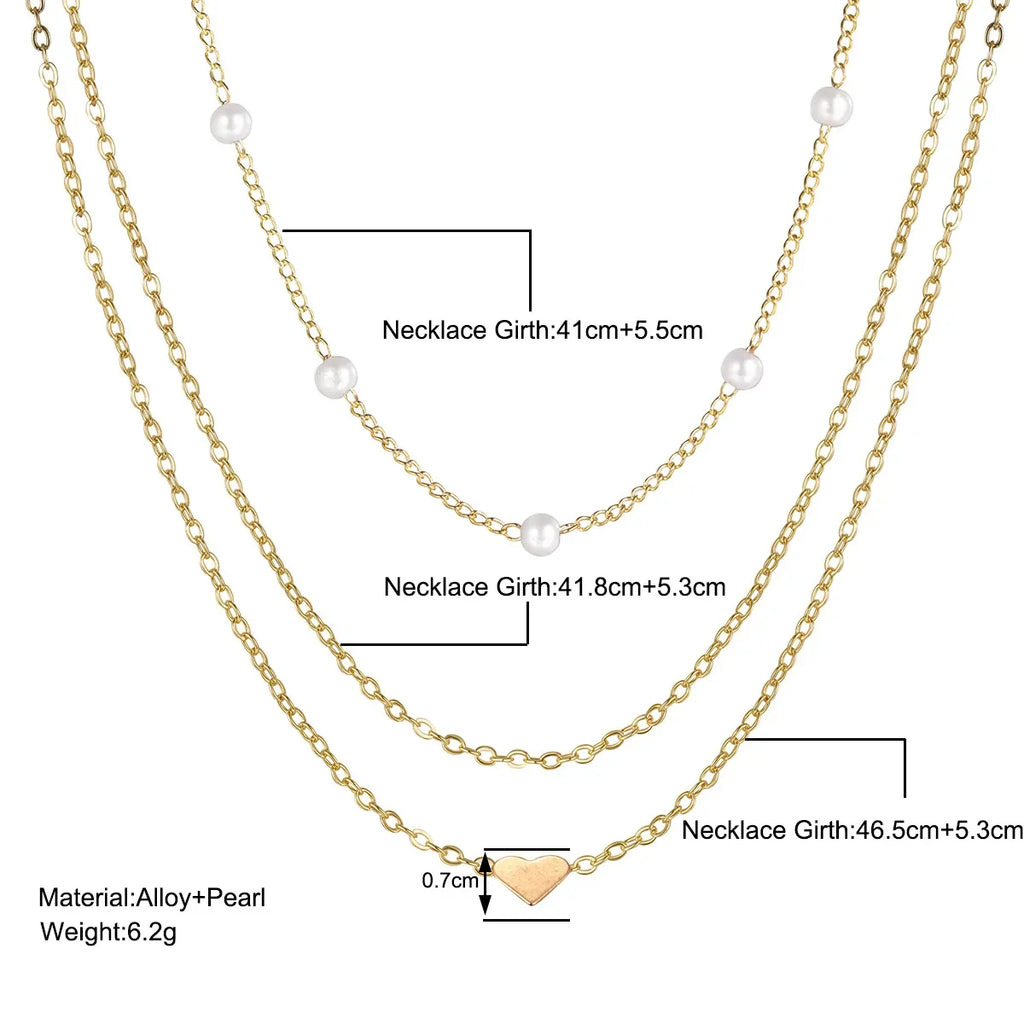 LATS Women's 3-Layer Pearl & Heart Pendant Necklace | Gold Tone Alloy Link Chain | Pre-Layered Bohemian Style