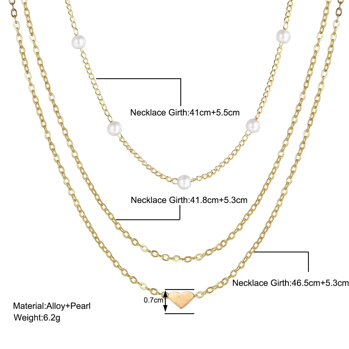 LATS Women's 3-Layer Pearl & Heart Pendant Necklace | Gold Tone Alloy Link Chain | Pre-Layered Bohemian Style