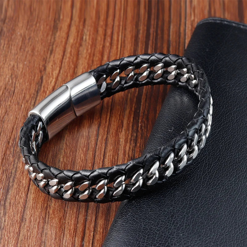 JIAYUPENG Men's Fusion Bracelet | Black Leather & Stainless Steel Chain | Magnet Clasp | Trendy Jewellery