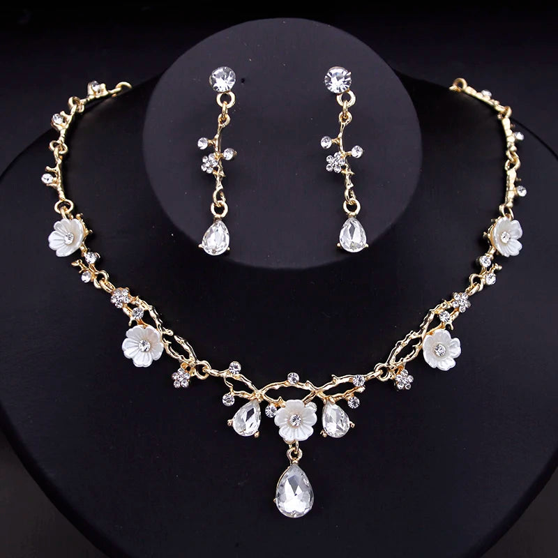 Cenmon Vintage Floral Bridal Jewellery Set | Pink Crystal Water Drop Necklace & Earrings | Gold Tone Wedding Accessory