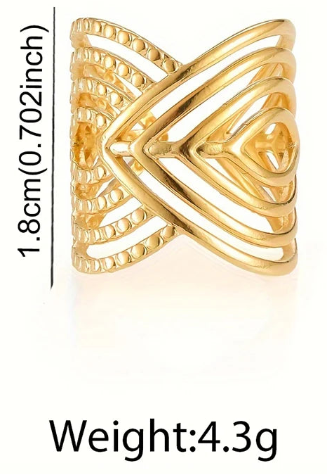 DGIDDK Women's 18K Gold Plated Statement Ring | Stainless Steel V-Shape Geometric Jewellery | Adjustable Wide Band
