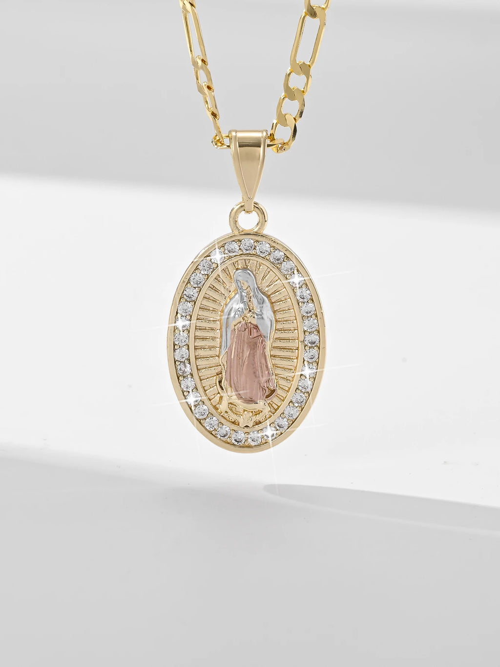 Religious Oval Pendant Necklace | Gold Plated Virgin Mary & Zirconia Halo | Blade Chain Catholic Jewellery