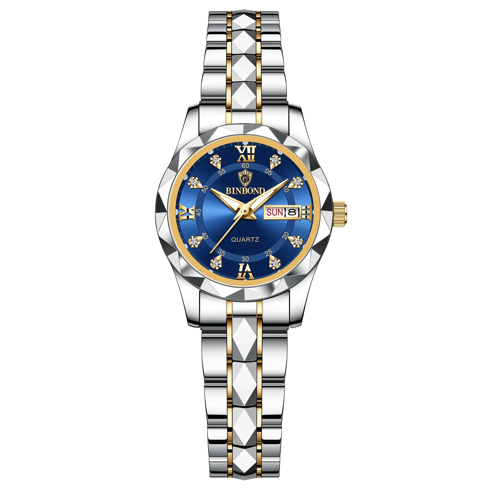 BINBOND B2522 Women's Quartz Watch | Tungsten Steel Two-Tone Bracelet | Diamond-Cut Bezel | Day/Date