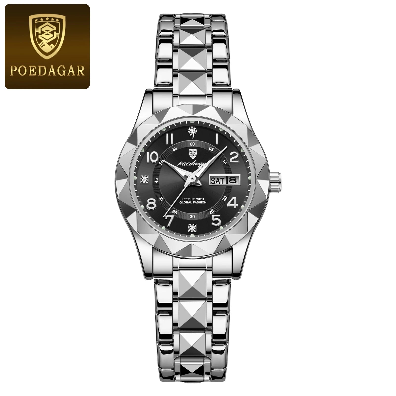 POEDAGAR 782 Women's Quartz Watch | Diamond-Cut Bezel | Two-Tone Stainless Steel | Day/Date Display