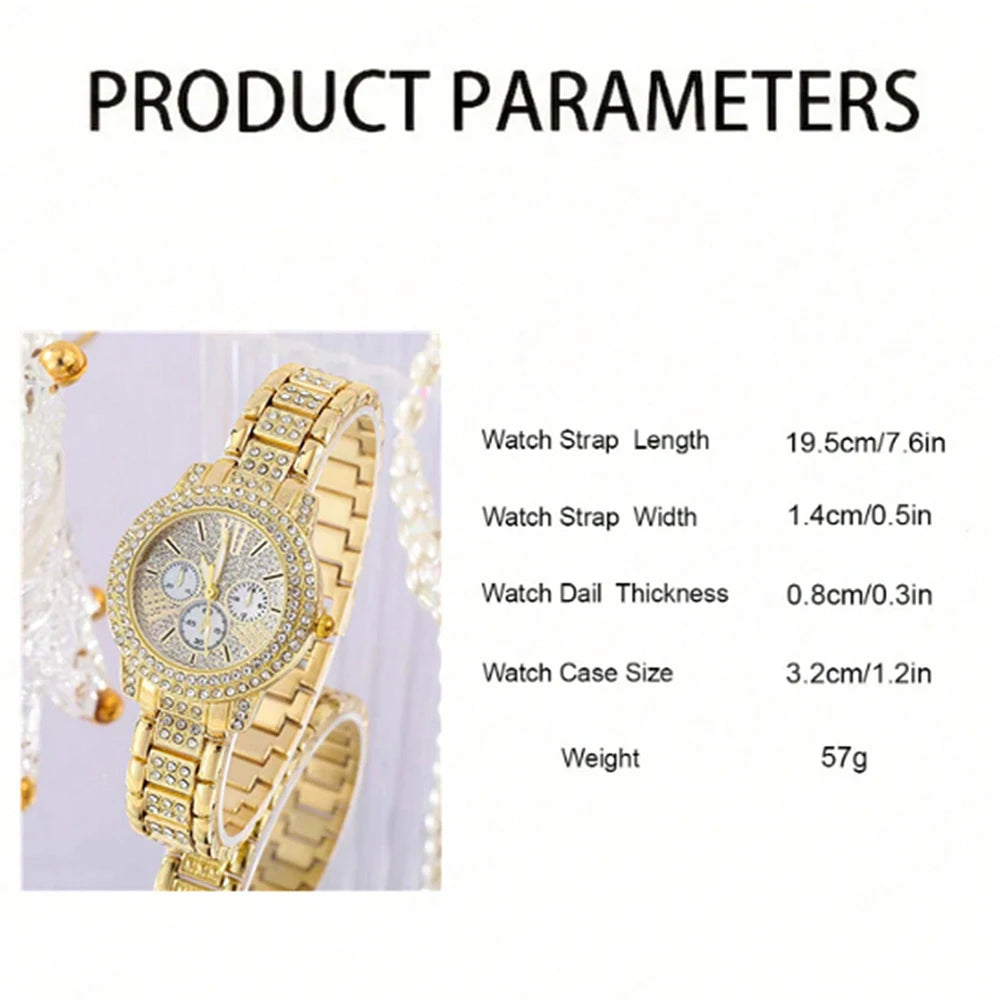 Luxury Women's Gold Quartz Watch + Necklace with Ring and Earrings