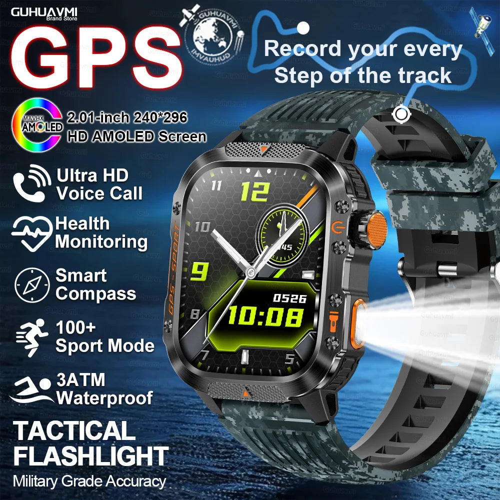 Smartwatch with GPS | GUHUAVMI HT36 Military Style | 2.01” HD AMOLED Screen | Water resistant up to 10 ATM | 540 mAh battery