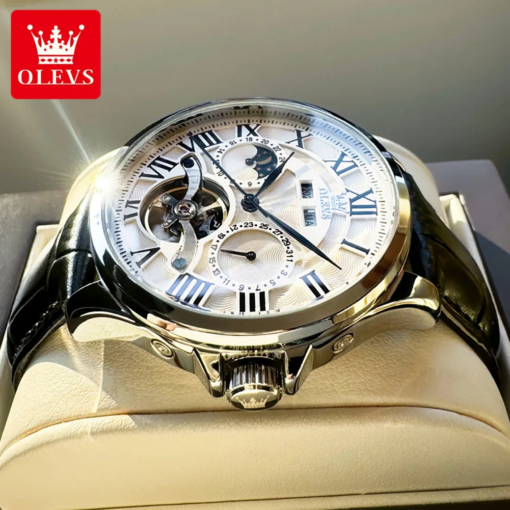 OLEVS 7013 Automatic Mechanical Watch – Moon Phase | Skeleton Dial | Roman Numerals | 3 ATM Water Resistant | Genuine Leather Strap