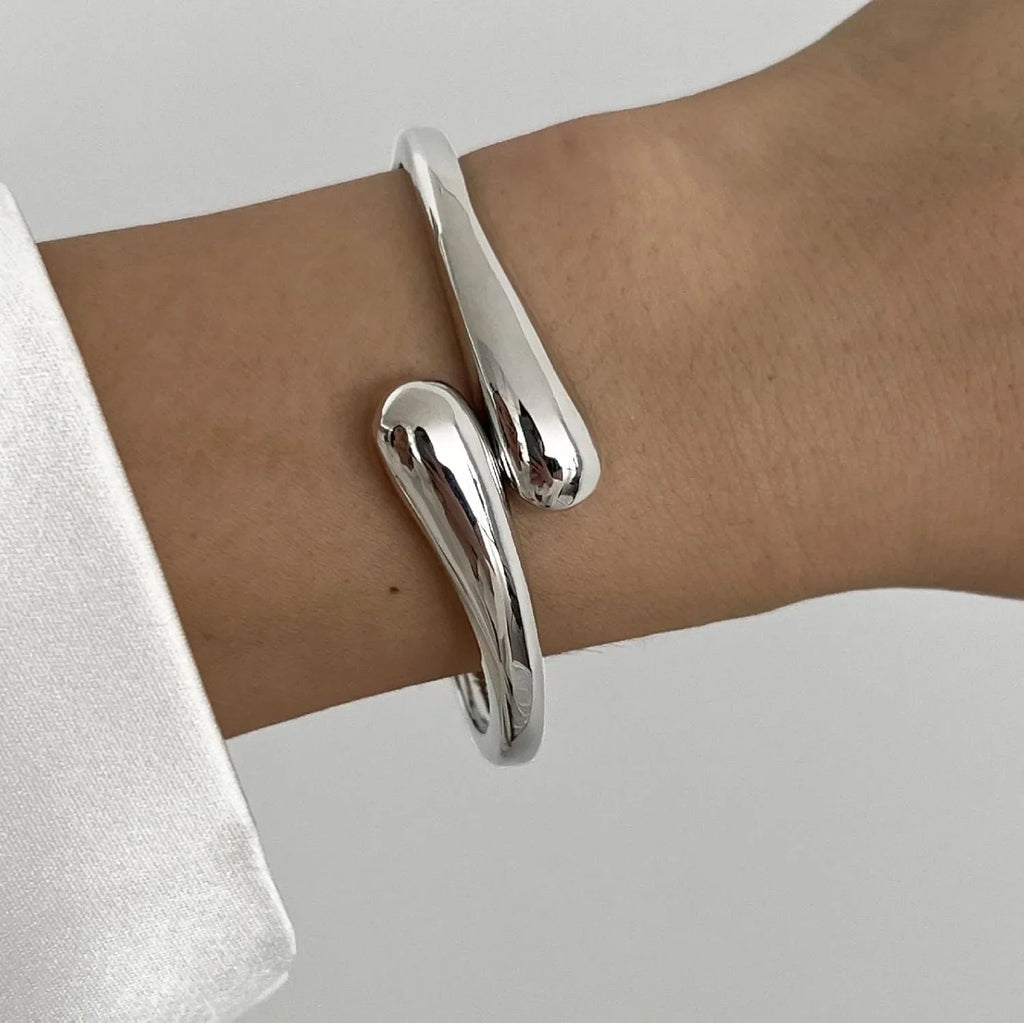 Women's Gold Plated Cuff Bangle | Sculptural Teardrop Open Bracelet | Minimalist Fluid Statement Jewellery