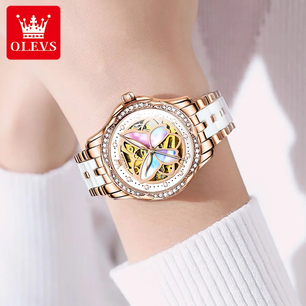 OLEVS 6615 Women's Automatic Watch | Butterfly Skeleton Dial | Rose Gold & Ceramic Bracelet | Rhinestone Bezel